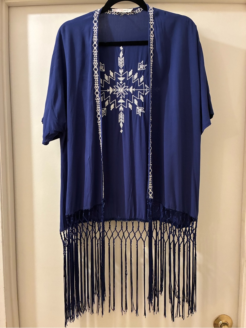 Love Tree Navy Blue Embroidered Trim Top Coverup Kimono Fringe Vest Cardigan